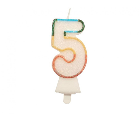 Świeczka cyferka 5, tęczowa, NOWY BIO BROKAT, 8,5 cm