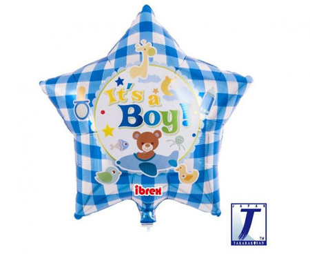 Balon foliowy, gwiazda 15", It’s A Boy Bear Gingham Blue, packed