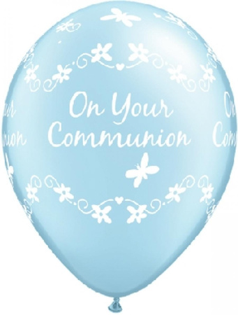 Balon 11" z nadr. "On Your Communion", metalik j. niebieski / 25 szt.