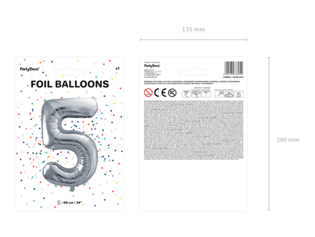 Balon foliowy Cyfra ''5'', 86cm, srebrny