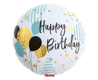 Balon foliowy, okrągły 14", Happy Birthday Balloons, packed