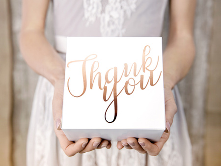 Ozdobne pudełka na ciasto - Thank you, różowe złoto, 14x8,5x14cm (1 op. / 10 szt.)