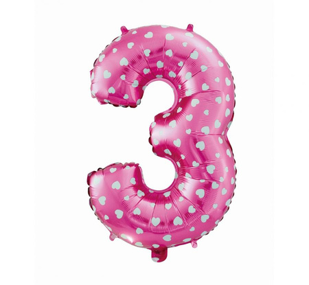 Balon foliowy Cyfra 3, różowa w serca, 61 cm KK