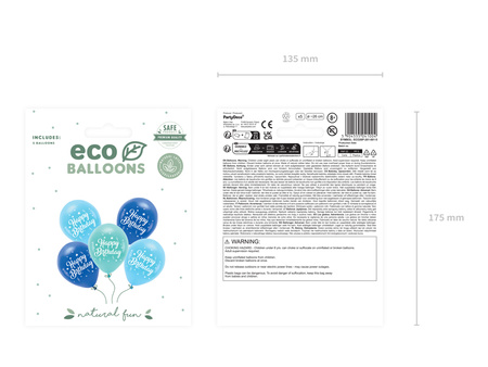 Balony Eco 26 cm, Happy Birthday, niebieski (1 op. / 5 szt.)