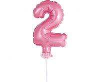 Balon foliowy 13 cm na patyczku "Cyfra 2", różowa