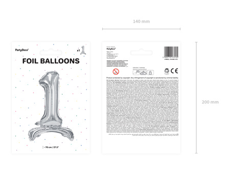 Stojący balon foliowy Cyfra ''1'', 70cm, srebrny