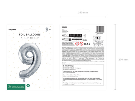 Balon foliowy Cyfra ''9'', 72cm, srebrny