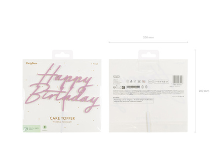 Topper akrylowy na tort Happy Birthday, jasny róż, 16.5 cm