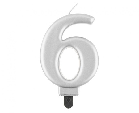 Świeczka cyferka 6, metalik srebrna, 8,0 cm