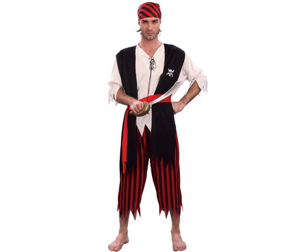 Zestaw dla dorosłych Karaibski Pirat (bluzka z kamizelką, pasek, spodnie, nakrycie głowy), rozm. 56